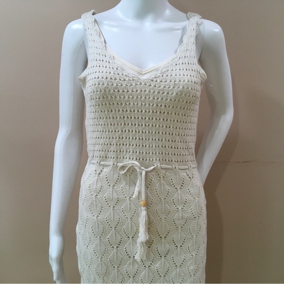 Freshman 1960 Womens Ivory Knit Crochet Drawstring Waist Dress Size Xs New - Picture 4 of 6